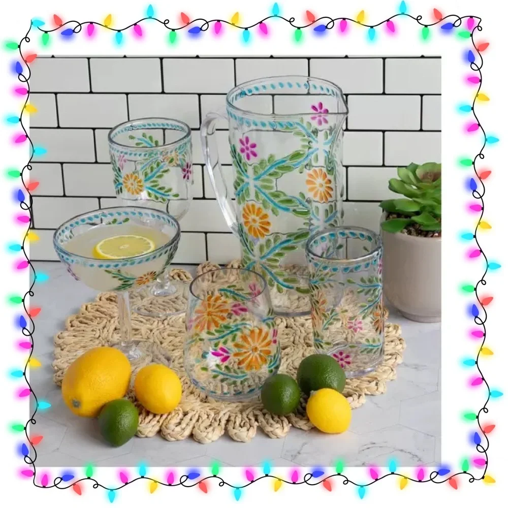 Fiesta Embossed BPA-Free Plastic Set with Pitcher and Two Stemless Glasses - Picture 2 of 9